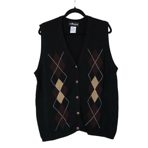 Vintage Sag Harbor Black Brown Argyle Sweater Vest 1X Dark Academia Preppy 80s - Picture 1 of 5